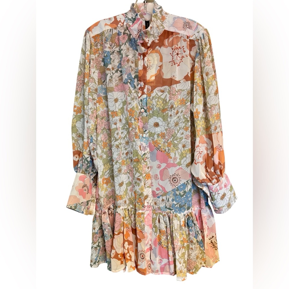 NWT Floral Chiffon 70s Botanical print Ruffle Long-Sleeve Tunic Shirt Dress XL
